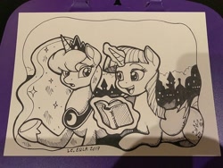 Size: 1440x1080 | Tagged: safe, artist:latecustomer, imported from derpibooru, princess luna, twilight sparkle, alicorn, pony, book, crown, duo, female, jewelry, magic, mare, regalia, telekinesis, traditional art, twilight sparkle (alicorn)