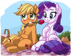 Size: 1650x1307 | Tagged: safe, artist:latecustomer, imported from derpibooru, applejack, rarity, earth pony, pony, unicorn, basket, blushing, cowboy hat, cute, female, flower, flower in mouth, hat, jackabetes, lesbian, love, mare, mouth hold, picnic, picnic basket, picnic blanket, raribetes, rarijack, rose, rose in mouth, shipping