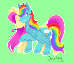 Size: 3971x3448 | Tagged: safe, artist:draco-nids, imported from derpibooru, fluttershy, rainbow dash, pegasus, pony, cutie mark, female, flutterdash, green background, heart, lesbian, mare, raised hoof, shipping, simple background, smiling