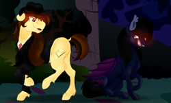 Size: 5000x3000 | Tagged: safe, artist:euspuche, imported from derpibooru, oc, oc:neo, oc:torus hooves, bat pony, earth pony, pony, wolf pony, angry, forest, looking at each other, night, smiling