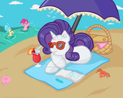 Size: 1024x819 | Tagged: safe, artist:yoshimarsart, imported from derpibooru, pinkie pie, princess skystar, rarity, pony, my little pony: the movie, beach, prone, sunglasses, watermark