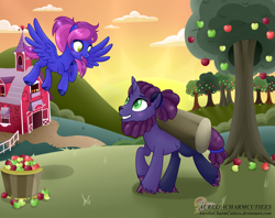 Size: 2605x2059 | Tagged: safe, artist:raspberrystudios, imported from derpibooru, oc, oc only, oc:feather song, oc:lucas, pegasus, pony, unicorn, admiring, apple, apple tree, barn, blushing, cloud, cloven hooves, flight, flying, food, in love, longing, shipping, sunset, sweet apple acres, sweet apple acres barn, tree