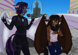 Size: 2480x1748 | Tagged: safe, artist:azraelartz, artist:theecchiqueen, imported from derpibooru, oc, oc only, oc:octavus, oc:orpheus, anthro, bat pony, mantipony, anthro oc, bat pony oc, clothes, fangs, male, mantipony oc, night guard, stallion, story in the source