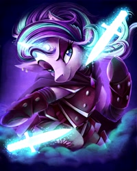 Size: 3276x4096 | Tagged: safe, artist:jadedjynx, imported from derpibooru, part of a set, starlight glimmer, pony, unicorn, armor, cape, clothes, dagger, dungeons and dragons, ear piercing, earring, fantasy class, female, gauntlet, glowing horn, high res, jewelry, magic, mare, piercing, rogue, smiling, smirk, solo, stockings, sword, thigh highs, weapon