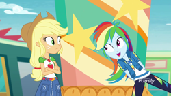 Size: 1280x720 | Tagged: safe, imported from derpibooru, screencap, applejack, rainbow dash, equestria girls, equestria girls series, rollercoaster of friendship, discovery family logo, female, geode of super speed, geode of super strength, magical geodes