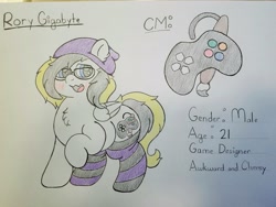 Size: 4032x3024 | Tagged: safe, artist:dorky-oreo-pone, imported from derpibooru, oc, oc only, oc:rory gigabyte, pony, beanie, blushing, chest fluff, chubby, clothes, cute, cutie mark, glasses, hat, male, reference, socks, solo, striped socks, traditional art