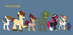 Size: 1280x611 | Tagged: artist needed, source needed, safe, artist:lilpinkghost, artist:yojohcookie, imported from derpibooru, oc, oc only, deer, deer pony, earth pony, original species, pegasus, peryton, raccoon, unicorn, alternate mane six, blue background, coat markings, earth pony oc, fan comic, fanfic, fedora, group, hat, horn, mexico, pegasus oc, simple background, socks (coat marking), socks (coat markings), unicorn oc, unshorn fetlocks