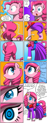 Size: 5100x13200 | Tagged: safe, artist:tf-circus, imported from derpibooru, pinkie pie, earth pony, pony, absurd resolution, classy, clothes, darling, dress, ear piercing, earring, female, housewife, hypnosis, implied rarity, jewelry, lipstick, magic, magic abuse, magic aura, makeover, makeup, mare, mistress, piercing, surprised, swirly eyes, transformation, wide eyes