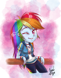 Size: 800x1028 | Tagged: safe, artist:janadashie, imported from derpibooru, rainbow dash, equestria girls, equestria girls series, beautiful, clothes, female, geode of super speed, looking at you, magical geodes, one eye closed, smiling, solo, tomboy, wink