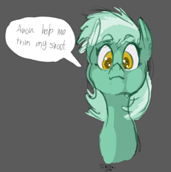 Size: 2076x2092 | Tagged: safe, artist:helloiamyourfriend, imported from derpibooru, lyra heartstrings, pony, unicorn, bust, dialogue, female, gray background, implied anon, missing horn, portrait, simple background, sketch, solo, speech, text bubbles, whiskers