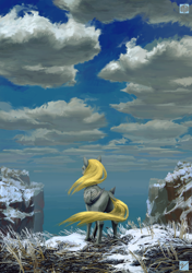 Size: 3496x4960 | Tagged: safe, artist:quiet-victories, imported from derpibooru, oc, oc only, pegasus, pony, fanfic:northland, absurd resolution, cliffs, cloud, commission, fanfic art, female, mare, not derpy, sky, solo, water