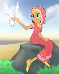 Size: 1996x2496 | Tagged: safe, alternate version, artist:rileyav, imported from derpibooru, desert flower, bird, equestria girls, female, grass, manara mubarak, rock, sitting, smiling, solo, somnambula resident