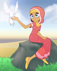 Size: 1996x2496 | Tagged: safe, alternate version, artist:rileyav, imported from derpibooru, desert flower, bird, equestria girls, female, glasses, grass, manara mubarak, rock, sitting, smiling, solo, somnambula resident