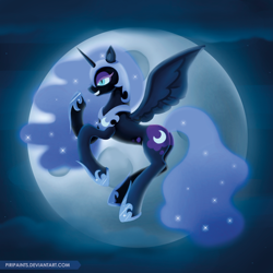 Size: 800x800 | Tagged: safe, artist:piripaints, imported from derpibooru, nightmare moon, alicorn, pony, armor, ethereal mane, female, flying, full moon, giggling, mare, moon, night, solo, starry mane