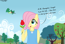 Size: 4849x3251 | Tagged: safe, artist:tolpain, imported from derpibooru, fluttershy, anthro, hummingbird, apple, apple tree, clothes, dialogue, female, flower, food, jewelry, necklace, outdoors, tree, tulip, younger