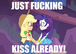 Size: 957x680 | Tagged: safe, edit, edited screencap, imported from derpibooru, screencap, applejack, rarity, equestria girls, equestria girls series, rollercoaster of friendship, blushing, caption, female, holding hands, lesbian, looking at each other, meme, rarijack, shipping, shipping fuel, vulgar