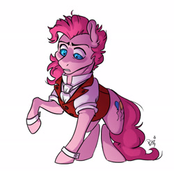 Size: 3114x3078 | Tagged: safe, artist:assassin-or-shadow, imported from derpibooru, pinkie pie, pony, bubble berry, clothes, dr jekyll, dr jekyll and mr hyde, dr pinkie and miss pie, raised hoof, rule 63, signature, simple background, solo, white background