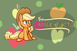 Size: 3000x2000 | Tagged: safe, artist:heir-of-rick, imported from derpibooru, applejack, earth pony, pony, daily apple pony, abstract background, apple, cowboy hat, cute, female, food, hat, jackabetes, mare, sitting, solo, title card