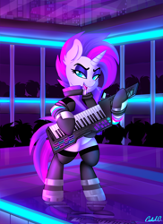 Size: 2000x2750 | Tagged: safe, artist:ciderpunk, imported from derpibooru, oc, oc:synthwave, pony, audience, boots, clothes, cyberpunk, eyeshadow, glowstick, keytar, makeup, musical instrument, neon, retro, retrofuturism, shoes, socks, stage, standing, synthwave, vest