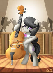 Size: 2000x2750 | Tagged: safe, artist:ciderpunk, imported from derpibooru, octavia melody, earth pony, pony, bedroom eyes, bow, bowtie, cello, concert, female, looking at you, mare, musical instrument, smiling, stage, standing