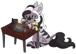 Size: 1900x1350 | Tagged: safe, artist:chimera-tea, imported from derpibooru, oc, oc only, oc:jewel stand, zebra, armband, female, jewelry, lamp, necklace, simple background, table, tail wrap, tongue out, transparent background