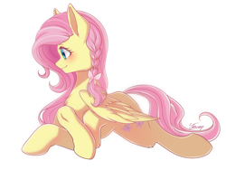 Size: 4000x3000 | Tagged: safe, artist:foxcarp, imported from derpibooru, fluttershy, pegasus, pony, alternate hairstyle, braid, female, looking away, mare, profile, prone, signature, simple background, solo, white background