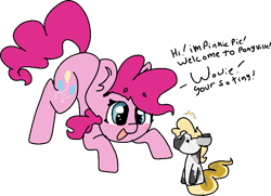 Size: 778x564 | Tagged: safe, artist:nootaz, imported from derpibooru, pinkie pie, oc, oc:hissy, pony, snake, disguise, puppet, simple background, transparent background