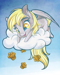 Size: 3600x4500 | Tagged: safe, artist:jadedjynx, imported from derpibooru, derpy hooves, pegasus, pony, cheek fluff, chibi, cloud, cute, derpabetes, ear fluff, female, food, heart eyes, high res, mare, muffin, rain, solo, that pony sure does love muffins, weapons-grade cute, wingding eyes