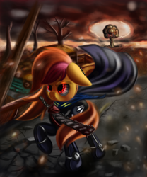 Size: 2500x3000 | Tagged: safe, artist:qbellas, imported from derpibooru, oc, oc only, oc:pumpkin spice, bat pony, pony, clothes, fallout, solo