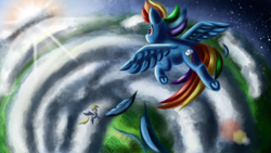 Size: 3840x2160 | Tagged: safe, artist:qbellas, imported from derpibooru, derpy hooves, rainbow dash, pegasus, pony, cloud, duo, feather, flying