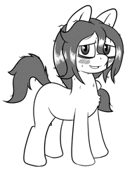 Size: 900x1200 | Tagged: safe, artist:scraggleman, imported from derpibooru, oc, oc only, oc:floor bored, earth pony, pony, blushing, chest fluff, grayscale, messy hair, messy mane, messy tail, monochrome, simple background, solo, sweat, sweating profusely, white background