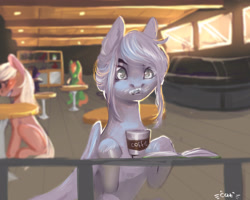 Size: 2834x2268 | Tagged: artist needed, source needed, safe, imported from derpibooru, oc, oc only, pony, blurred background, blurry background, blushing, book, cafe, coffee, messy eating, sitting, table