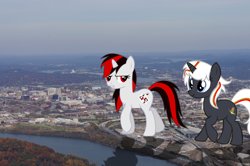 Size: 2048x1361 | Tagged: safe, artist:jerryakira79, imported from derpibooru, oc, oc:blackjack, oc:velvet remedy, pony, unicorn, fallout equestria, chattanooga, cutie mark, fanfic, fanfic art, female, giant ponies in real life, giant pony, hooves, horn, irl, macro, mare, photo, ponies in real life, smiling, teeth