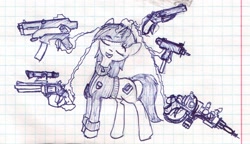 Size: 1154x666 | Tagged: safe, artist:nyxia, imported from derpibooru, oc, oc only, oc:littlepip, pony, unicorn, fallout equestria, clothes, cutie mark, energy weapon, eyes closed, fanfic, fanfic art, female, glowing horn, graph paper, gun, handgun, hooves, horn, jumpsuit, levitation, little macintosh, magic, magical energy weapon, mare, monochrome, open mouth, optical sight, pipbuck, plasma rifle, revolver, sawed off shotgun, shotgun, simple background, solo, submachinegun, telekinesis, traditional art, vault suit, weapon, white background