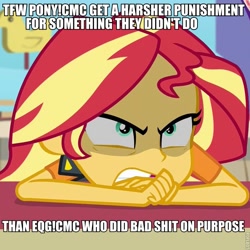 Size: 719x718 | Tagged: safe, edit, edited screencap, idw, imported from derpibooru, screencap, sunset shimmer, equestria girls, equestria girls series, marks for effort, rollercoaster of friendship, spoiler:comic, angry, anon-a-miss, holiday special, image macro, meme, vulgar