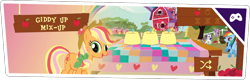 Size: 1017x327 | Tagged: safe, imported from derpibooru, applejack, pony, derp, giddy up, giddy up mix up, hasbro, my little pony website, official, rainbow power