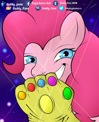 Size: 778x960 | Tagged: safe, artist:daddy_pone, imported from derpibooru, pinkie pie, earth pony, pony, avengers: infinity war, bust, evil grin, female, grin, infinity gauntlet, infinity gems, signature, smiling, solo, xk-class end-of-the-world scenario