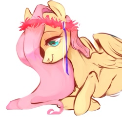 Size: 615x591 | Tagged: safe, artist:catzino, imported from derpibooru, fluttershy, pegasus, pony, female, floral head wreath, flower, mare, simple background, smiling, solo, white background