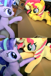 Size: 1024x1531 | Tagged: safe, artist:nekokevin, imported from derpibooru, starlight glimmer, sunset shimmer, pony, unicorn, series:nekokevin's glimmy, boop, box, cute, duo, female, glimmerbetes, irl, looking at each other, lying down, mare, photo, plushie, raised hoof, shimmerbetes, sitting, smiling, underhoof