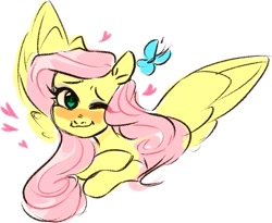 Size: 895x734 | Tagged: safe, artist:catzino, imported from derpibooru, fluttershy, butterfly, pegasus, pony, blushing, female, heart, mare, one eye closed, simple background, smiling, solo, white background, wink