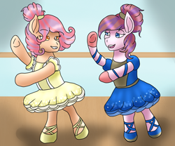 Size: 3600x2988 | Tagged: safe, artist:bluefinarts, imported from derpibooru, oc, oc:angel cake, oc:balletomane, pony, ballerina, ballerinas, ballet, barre, clothes, cute, en pointe, tutu, tutus