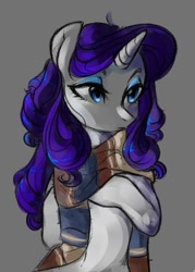 Size: 399x556 | Tagged: safe, artist:catzino, imported from derpibooru, rarity, pony, unicorn, alternate hairstyle, clothes, female, gray background, mare, scarf, simple background, solo