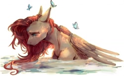 Size: 1280x790 | Tagged: safe, artist:samarina, imported from derpibooru, fluttershy, butterfly, pegasus, pony, crying, female, mare, simple background, solo, water, white background