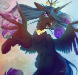 Size: 2047x1953 | Tagged: safe, artist:samarina, imported from derpibooru, princess cadance, queen chrysalis, alicorn, changeling, changeling queen, pony, a canterlot wedding, character to character, crown, disguise, disguised changeling, fake cadance, fangs, female, hybrid wings, jewelry, mare, mid-transformation, open mouth, peytral, regalia, solo, spread wings, transformation, transforming accessories, wings