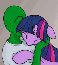 Size: 1079x1200 | Tagged: safe, artist:yukkuripalehorse, imported from derpibooru, twilight sparkle, oc, oc:anon, alicorn, human, pony, canon x oc, comforting, cuddling, cute, daaaaaaaaaaaw, eyes closed, female, hnnng, hug, human on pony snuggling, implied stressed, mare, snuggling, twiabetes, twilight sparkle (alicorn), weapons-grade cute, yukkuripalehorse is trying to murder us