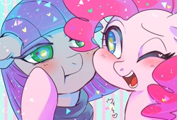 Size: 2039x1378 | Tagged: safe, artist:hosikawa, imported from derpibooru, maud pie, pinkie pie, earth pony, pony, blushing, cheek squish, cheek to cheek, clothes, cute, diapinkes, duo, duo female, female, floppy ears, looking at each other, mare, maudabetes, one eye closed, open mouth, sisters, smiling, squishy cheeks, wingding eyes