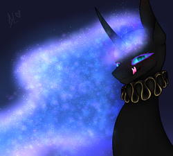 Size: 1000x900 | Tagged: safe, artist:crazydragonlady09811, imported from derpibooru, nightmare moon, alicorn, pony, big ears, clothes, collar, ethereal mane, female, forked tongue, galaxy mane, looking at you, mare, ruff (clothing), signature, simple background, solo, tongue out