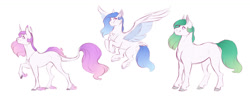 Size: 1600x615 | Tagged: safe, artist:vindhov, imported from derpibooru, princess celestia, earth pony, pegasus, pony, unicorn, blue-mane celestia, cloven hooves, colored fetlocks, disguise, earth pony celestia, feathered fetlocks, flying, green-mane celestia, leonine tail, pegasus celestia, pink-mane celestia, race swap, simple background, spread wings, tail feathers, unicorn celestia, white background, wings