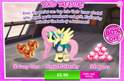 Size: 795x523 | Tagged: safe, imported from derpibooru, fluttershy, pony, my little pony: the movie, advertisement, alliteration, costs real money, female, gameloft, gem, official, pirate, pirate fluttershy, solo