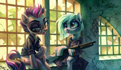 Size: 1024x592 | Tagged: safe, artist:holivi, imported from derpibooru, oc, oc only, pony, unicorn, clothes, commission, duo, ear piercing, earring, eyelashes, eyeshadow, female, glasses, gun, jewelry, makeup, mare, open mouth, piercing, shirt, shotgun, sitting, watch, weapon